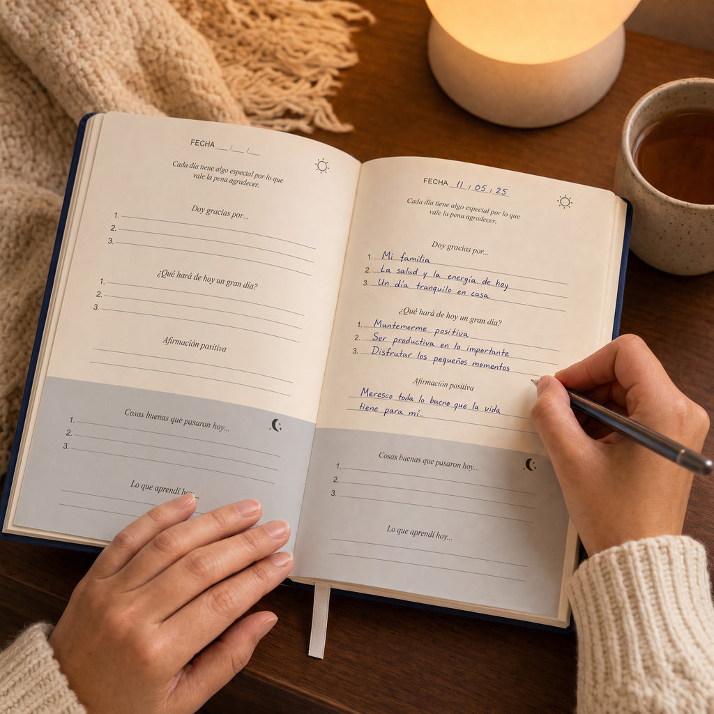 Persona escribiendo en el Diario de Gratitud antes de dormir