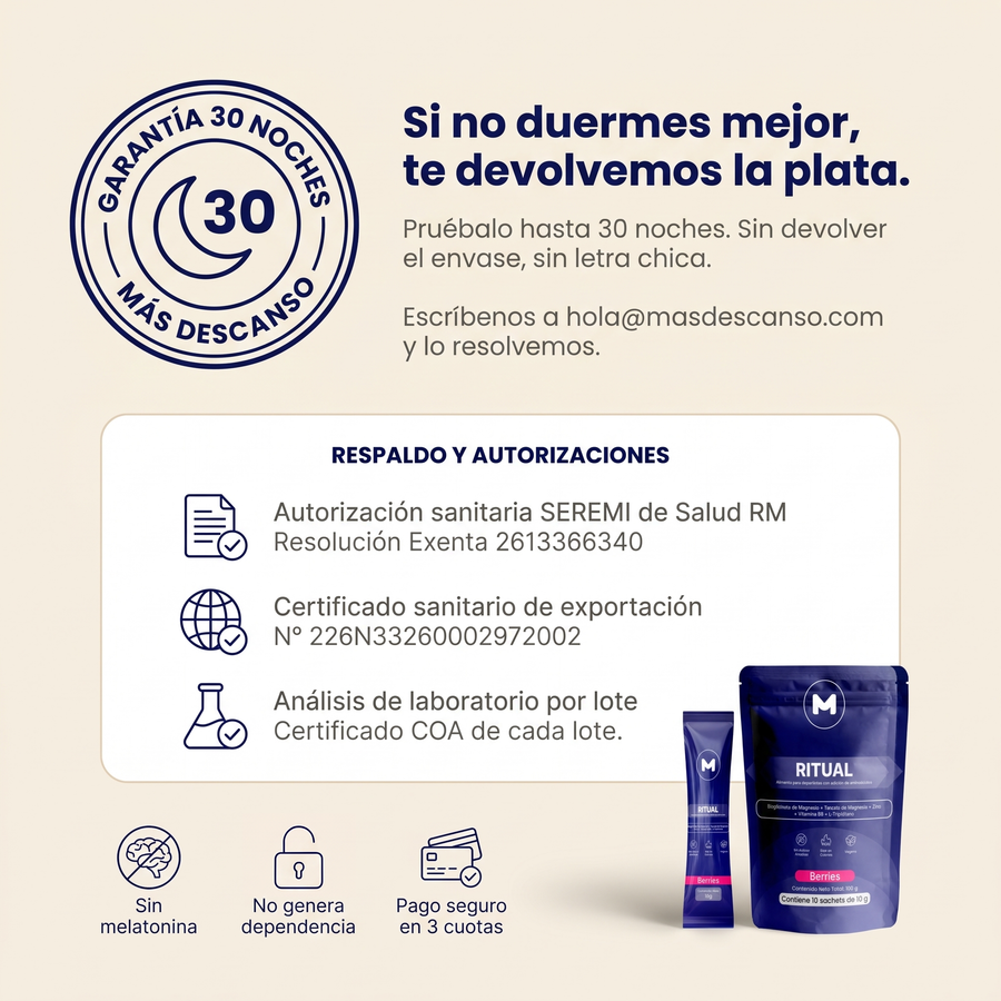 RITUAL - garantía 30 noches y respaldo: autorización sanitaria SEREMI RM, certificado sanitario, análisis por lote
