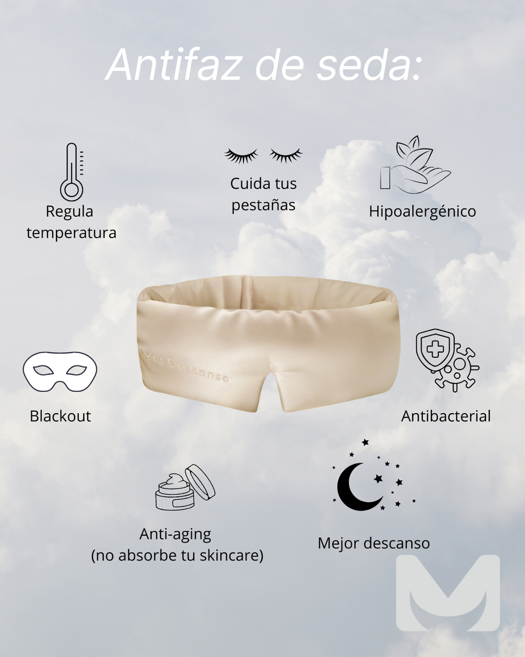 Interior suave de antifaz seda mulberry King, sin presion en los ojos - Mas Descanso