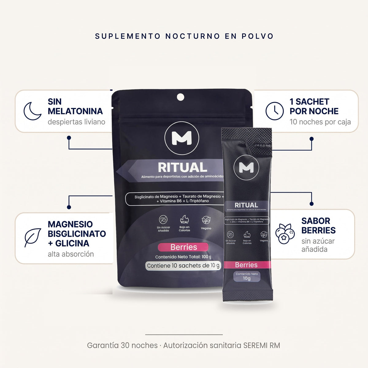 RITUAL suplemento nocturno en polvo: doypack y sachet reales, sin melatonina, magnesio bisglicinato + glicina, sabor berries