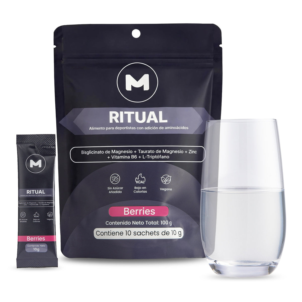 RITUAL Suplemento Nocturno: doypack con 10 sachets, sachet y vaso de agua