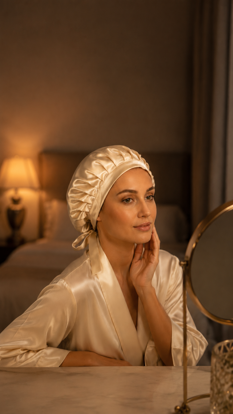 Turbante de seda Más Descanso, modelo frente al tocador