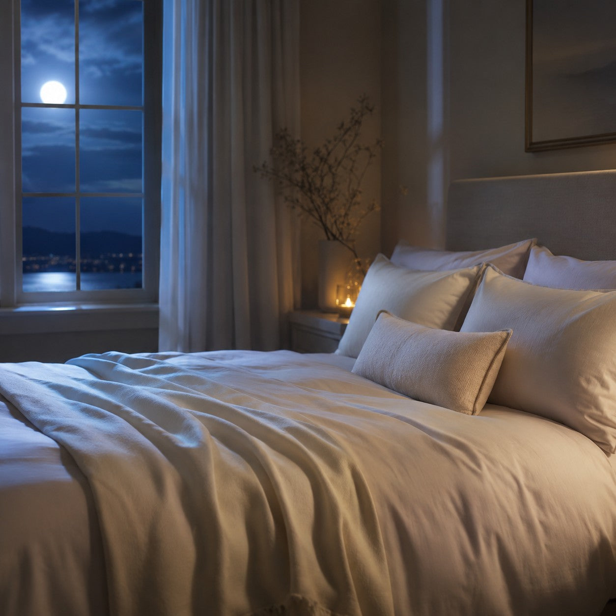 Dormitorio en calma con luz de luna, listo para dormir