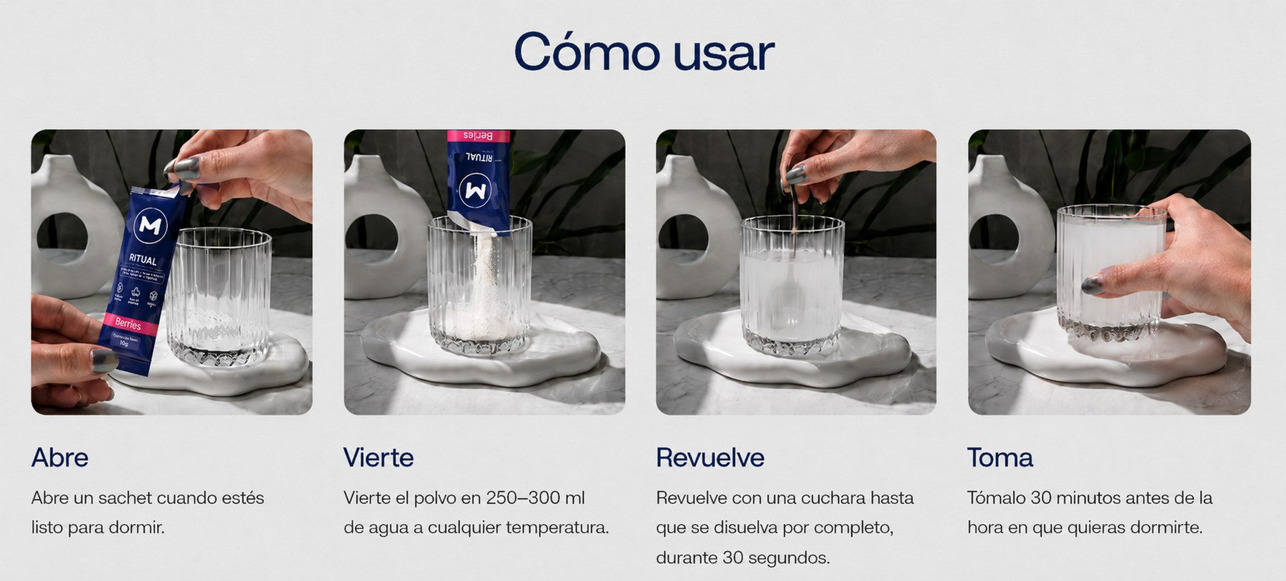 Cómo usar RITUAL: abre, vierte, revuelve, toma