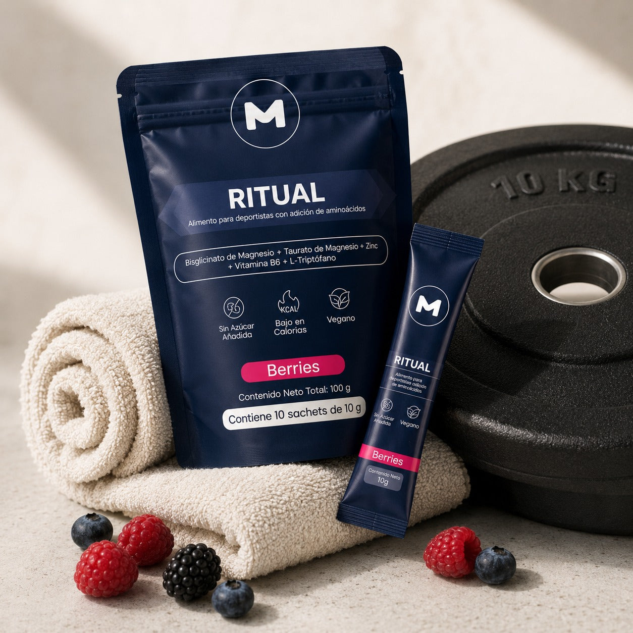 RITUAL junto a disco de peso y toalla de entrenamiento